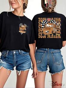 Disney Official Licensed, Disney Cars, Tow Mater, Word Matrix, Double-Sided Print, 100% Cotton, Crew Neck T-Shirt, American Highway Style, Casual Wear, Spring & Summer Top, Disney Merch, Fan Collectible - Black - View 1
