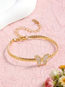 1pc Elegant Butterfly & Riding Crop Chain Bracelet, Minimalist, Fashionable, Casual & Versatile - Gold - View 1