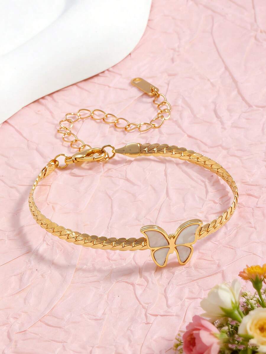 1pc Elegant Butterfly & Riding Crop Chain Bracelet, Minimalist, Fashionable, Casual & Versatile - Gold - View 1
