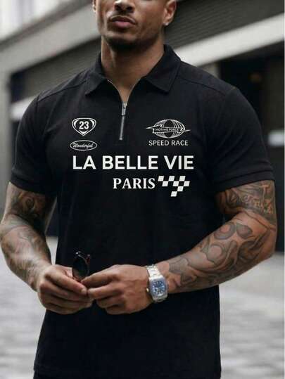 2026新款男士半拉链领T恤，刺绣修身短袖Polo衫，华夫格纹理休闲运动T恤