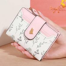 1 pieza Billetera pequeña de moda para mujer - Diseño floral, cierre a presión, ideal para tarjetas y monedas, billetera para mujer, esencial de viaje - Verde - Ver 9