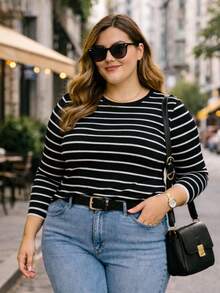 Plus Size Striped Black And White Long Sleeve Round Neck Blouse - Basic Casual Chic - Soft, Comfortable Knit With Stretch - Ideal For Urban Looks, Work, Everyday Wear, And Cold Weather - 黑色 - 查看 11