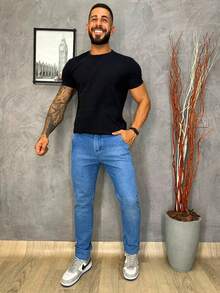 Urban Zone Jeans Men's Slim Fit Dress Pants In Twill Fabric With Elastane - 中等水洗藍 - 查看 1