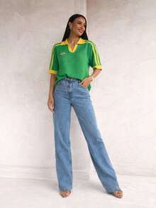 Women's Brazilian Openwork Knit Shirt With Retro Style Polo Neck - 綠-黃 - 查看 1