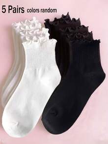3/5/6/9/10 Pairs Ruffle Trim Ankle Socks, Cute Frill Edge Casual Socks, Soft Comfortable Solid Color Women Socks - Multicolor - View 10