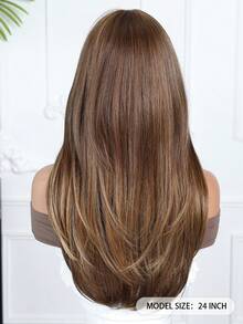 24 Inch Brown Highlighted Natural Layered Wig With Bangs, Elegant Brown Long Straight Wig For Women, Suitable For Daily, Party, Cosplay, Gift - Blonde Highlight - View 5