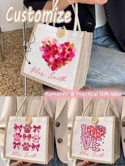 1pc Customizable Love Themed Tote Bag, Can Print Custom Name, Multifunctional Lunch And Shopping Bag, Reusable Large Capacity Handbag, Valentine's Day Gift, Wedding Party Favor, Beach Travel And Daily Commute Bag, Minimalist Cute Style, Unique Personalized Gift For Her/Him/Friends/Family