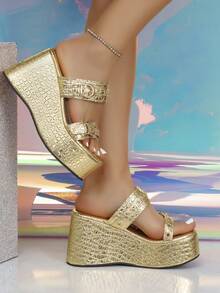 1 Pair Fashionable Buckle Decor Platform Sandals, Versatile For Outdoor Wear In Spring And Autumn - Gold - View 6
