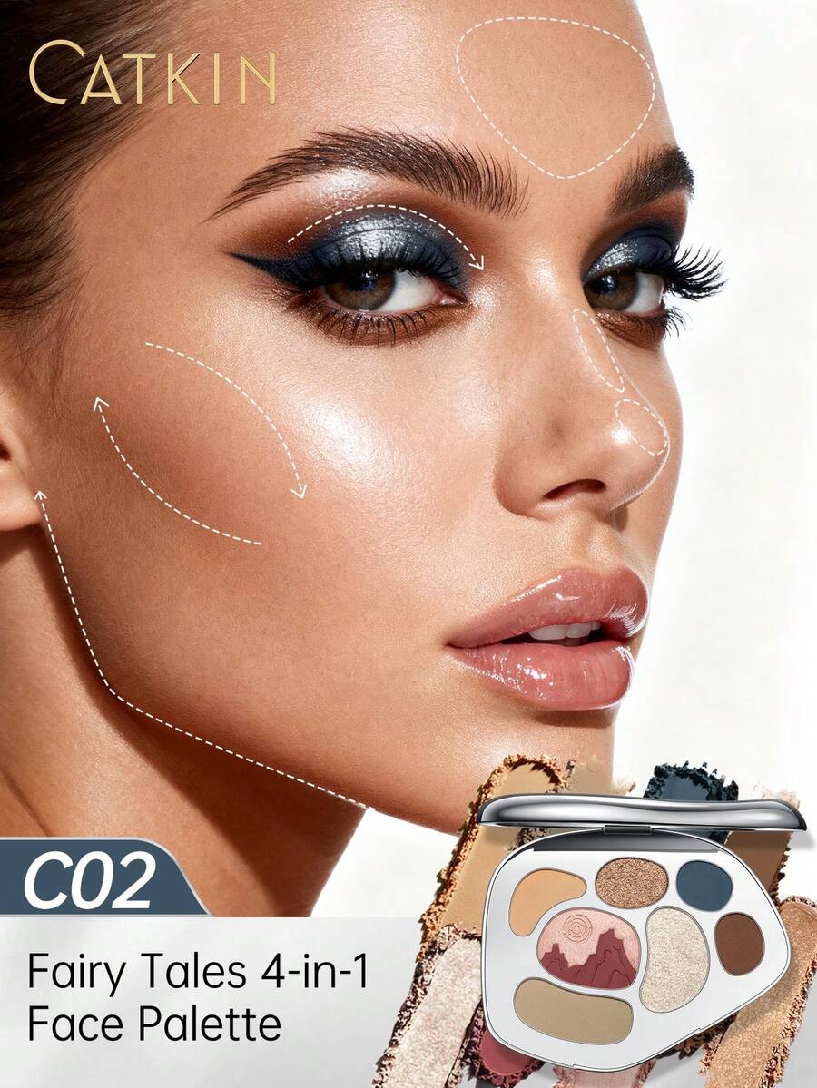 CATKIN Fairy Tale Series Palet Makeup Multifungsi Palet Eyeshadow Warna Pink & Biru Lembut Cocok Untuk Eyeshadow, Highlighter, Blush Dan Contour Tekstur Matte, Metalik, Shimmer C02