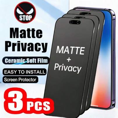 3pcs Full Coverage Matte Ceramic Screen Protector Film Compatible With IPhone 17 Pro Max/17Pro/17Air/17/16 Pro Max/16/15 ProMax/15 Pro/15/14/13/Plus/12/11, Anti-Scratch, Anti-Fingerprint, Privacy, Matte Frosted Film, Compatible With Phone Cases