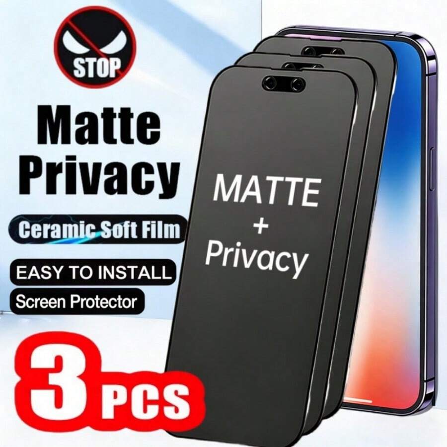 3pcs Full Coverage Matte Ceramic Screen Protector Film Compatible With IPhone 17 Pro Max/17Pro/17Air/17/16 Pro Max/16/15 ProMax/15 Pro/15/14/13/Plus/12/11, Anti-Scratch, Anti-Fingerprint, Privacy, Matte Frosted Film, Compatible With Phone Cases - Black - View 1