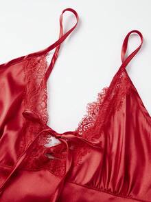 Women Pajamas Set 2 Pieces Loungewear Suits Lace Trim Tie-Up V-Neck Sleeveless Cami Tops And Shorts Sleepwear Outfits - Red - View 8