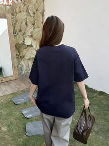 休闲宽松双面卡通动物印花T恤，轻便百搭，适合女性通勤穿着，春夏款 - 藏蓝色 - 查看 2