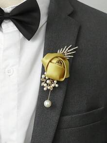 1 pieza/2 piezas Flor de rosa dorada con broche de aleación metálica y corsage de muñeca, adecuado para novio, novia, padrino, dama de honor, boda, compromiso, banquete, aniversario - Dorado - Ver 6