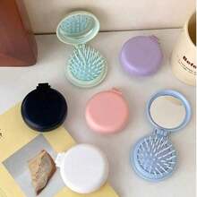 1 Peça Conjunto Espelho de Viagem Dobrável e Escova, Com Espelho Destacável, Escova de Cerdas de Javali - Design Compacto e Portátil, Adequado para Mulheres e Meninas, Cores Suaves, Acessório de Moda, Estrutura Durável, Presente de Férias, Kit de Ferramentas de Penteado para o Dia das Mães - Multicolorido - Visão 1