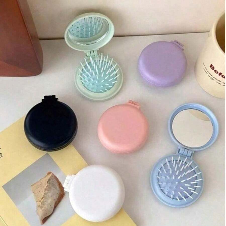 1 Peça Conjunto Espelho de Viagem Dobrável e Escova, Com Espelho Destacável, Escova de Cerdas de Javali - Design Compacto e Portátil, Adequado para Mulheres e Meninas, Cores Suaves, Acessório de Moda, Estrutura Durável, Presente de Férias, Kit de Ferramentas de Penteado para o Dia das Mães - Multicolorido - Visão 1