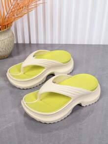 Colorblock Platform Wedge Sandals, Comfortable Beach Flip Flops, Fashionable & Versatile - Fluorescent Green - View 2