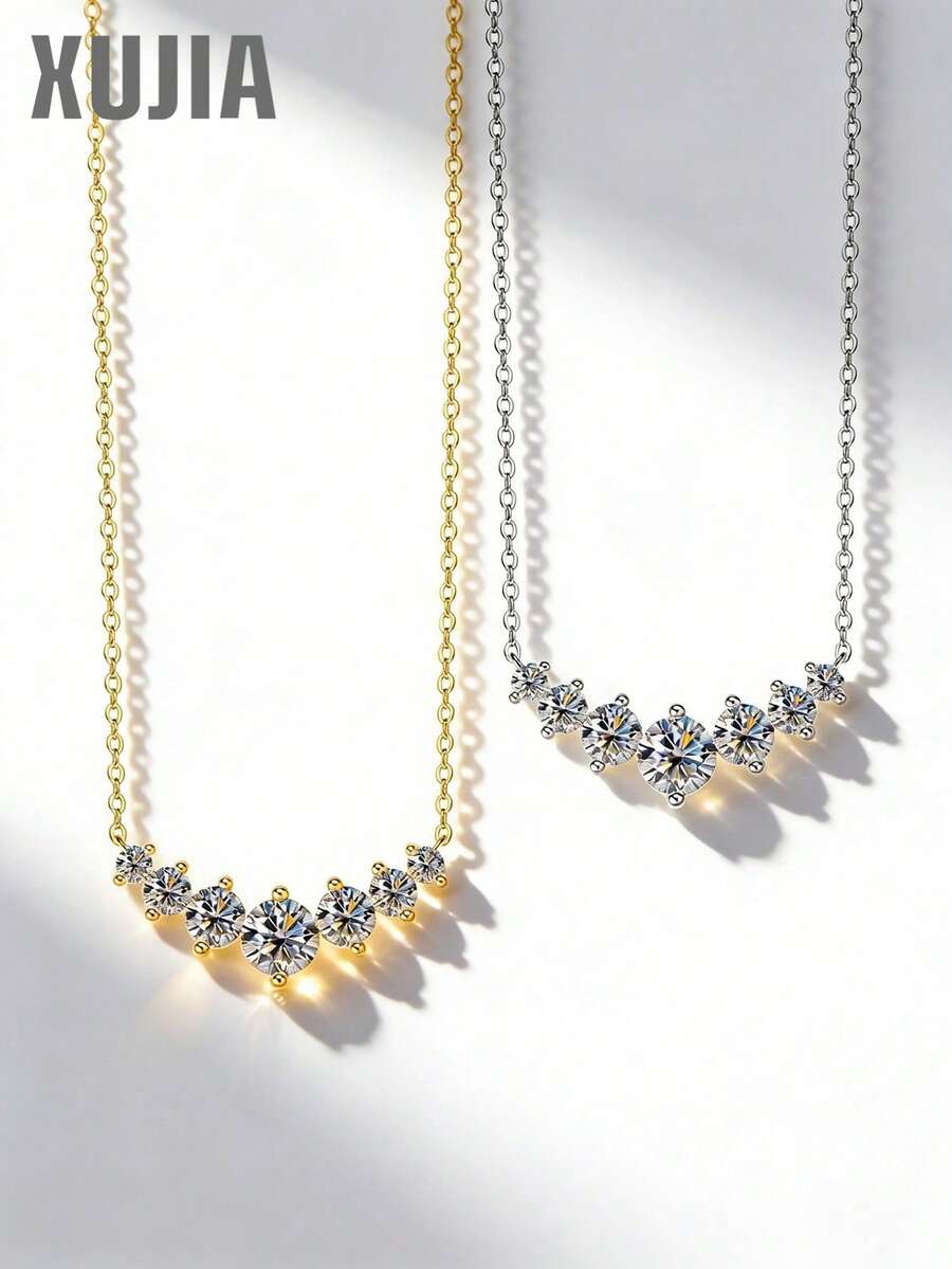 XUJIA 1pc Women's S925 Sterling Silver Smiling Diamond Necklace, 6.5mm, 5mm, 4mm And 3mm Moissanite Diamond Necklace, Exquisite Sparkling Bridal Wedding Jewelry Gift - NMO-058 - View 1