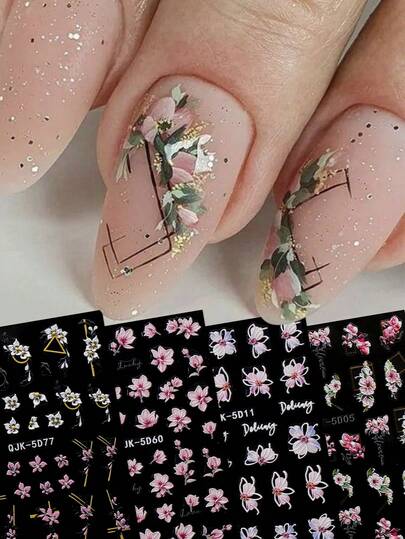 4pcs Spring Floral 5D Embossed Nail Art Stickers - Pink & White Floral English Word Nail Decals - Spring Daily/Valentine's Day/Wedding Season/Party DIY Nail Decoration Stickers, Holiday Gift, DIY, Y2K