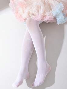 1 Pair Summer Lightweight Heart-Shaped Cherry Bow Pattern White Children's Pantyhose, Breathable Quick-Drying Anti-Mosquito Princess Socks, Suitable For Holiday Gifts And Daily Use - Multicolor - View 3