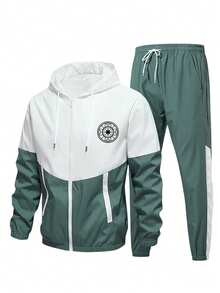 Ensemble de sport 2 pièces pour hommes, printemps/été | Veste à capuche imprimée graphique et pantalon de jogging assortis. Convient pour les activités extérieures, la fitness, l'entraînement, la randonnée, le camping, la course, les tenues décontractées, les trajets et le streetwear. Coupe ample, séchage rapide, style vacances - Vert - Voir 9