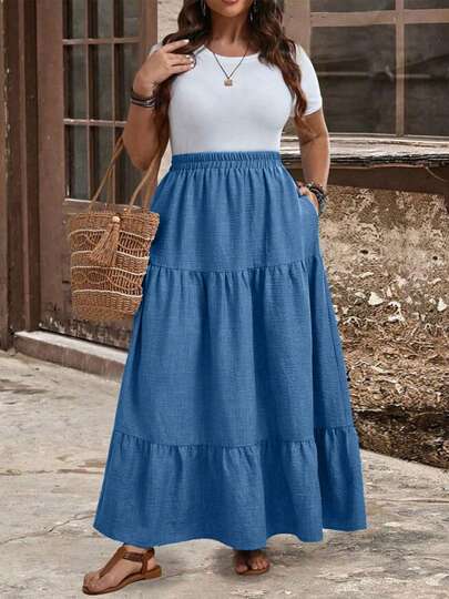 Plus Size Women Summer Solid Color Ruffle Hem Casual Fashionable Vacation Skirt Spring