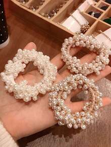 3pcs Women's White And Gold 9cm/3. 54in Faux Pearl Hair Ties, Fashionable And Versatile High-End Simple Style Hair Accessories, Suitable For Daily Wear, Casual Parties, Commutes, And Holidays, Perfect For Ponytails, Buns, Washing Faces, Applying Makeup, And Matching Clothing. ,School Ponytail Holders Hair Elastics Hair Rubber Bands Scrunchies Hair Rope Elastic Hair Tie, Hair Bobbles Head Accessories Elastic Band - 彩色 - 查看 2