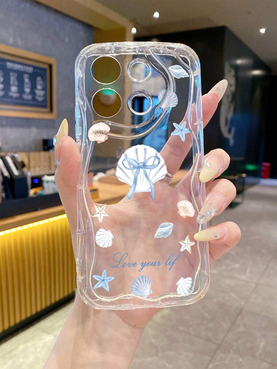 1pc Minimalist Bow-Knot Shell & Ocean Element Pattern Soft Silicone Shockproof Lens Protection Phone Case, Suitable For IPhone/ Galaxy/Transsion, Fashionable & Durable - Clear - View 1