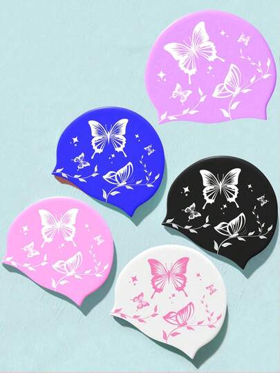 成人硅胶泳帽，优雅蝴蝶图案，防水防滑，舒适弹力，适合短发或长发，海滩和泳池必备