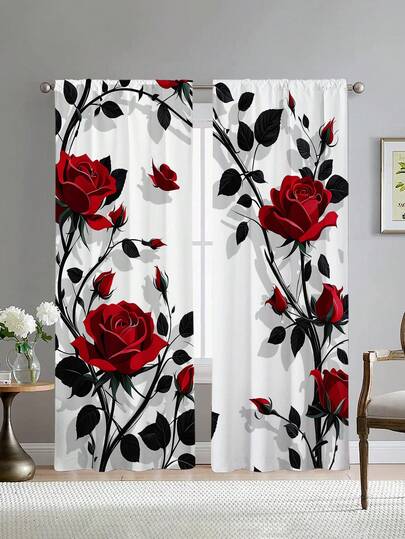 2片装红色玫瑰印花窗帘，无孔窗帘，适用于卧室、办公室、厨房、客厅、书房等家居装饰