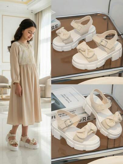 1 Pair Beige Children/Girls High Heel Sandals, Woven Fabric Bow Decor, Adjustable Strap With Metal Buckle, Round Toe Anti-Slip Fashionable Cute Beach Thick Bottom Sandals, Suitable For 3-15 Years Old Girls, Indoor/Outdoor Daily Casual Party, Spring/Summer New Arrival