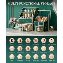 Organizador de maquillaje de 3 piezas de lujo clásico verde esmeralda serie de vidrio templado polvo impermeable cosméticos caja de exhibición para brochas pintalabios joyería caja de almacenamiento de perlas gratis - Verde - Ver 3
