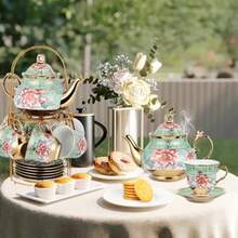 Juego de té de porcelana para adultos juego de té de cerámica europea tazas de té de cerámica 5 onzas tetera (23 onzas) y platillos con soporte de metal para fiestas de té (verde) - Verde - Ver 2