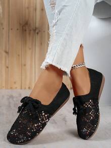 亚麻夏季网眼鞋新款乐福鞋蝴蝶结编织女式镂空平底鞋，时尚舒适轻便休闲一脚蹬平底鞋，适合日常通勤和户外活动穿着 - 黑色 - 查看 6