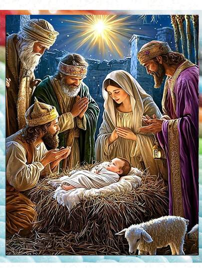 耶稣诞生主题成人钻石画套装，圆形全钻钻石艺术套装，5D DIY钻石工艺品，家居墙面装饰礼品