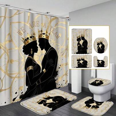 "WE ARE A TEAM" African King Queen Bathroom Set, 4-Piece Shower Curtain & Bath Mat Set, Black Couple Gold Crown Waterproof Shower Curtain Non-Slip Toilet Lid Cover U-Shaped Contour Rug For Bathroom Decor & Gift For Wedding Anniversary