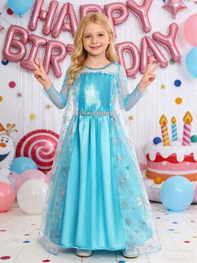 Young Girl Sequin Decor Mesh Overlay Dress, Girls Birthday Dress, New Spring/Summer/Autumn/Winter Fashion Dress, Casual Dress, Suitable For Outings, Gatherings, Birthday Parties, Stage Performances And Other Major Events