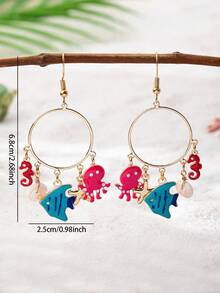 1 Đôi bông tai vòng hình sinh vật biển mạ vàng, phong cách Boho bãi biển với mặt dây chuyền hình bạch tuộc, cá, cá ngựa, sao biển tráng men, trang sức sinh vật biển nhiệt đới vui nhộn cho trang phục nghỉ hè. - Nhiều màu - Xem 3