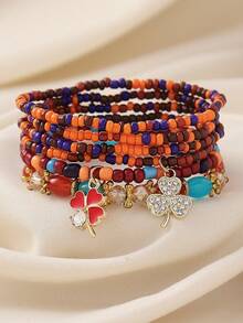 6件套波西米亚简约优雅奢华手工串珠水晶四叶草吊坠弹力叠戴手链套装，适合女性参加派对、送礼、度假，是完美的礼物之选，四季皆宜，日常休闲佩戴。 - 四葉草/三葉草 - 查看 16