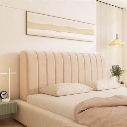 1pc Khaki Minimalist Vertical Striped Headboard Cover, 360° Full Wrap Around Protection, Adjustable For Thin/Thick Headboards, Easy Removable & Washable, Bedroom Decor