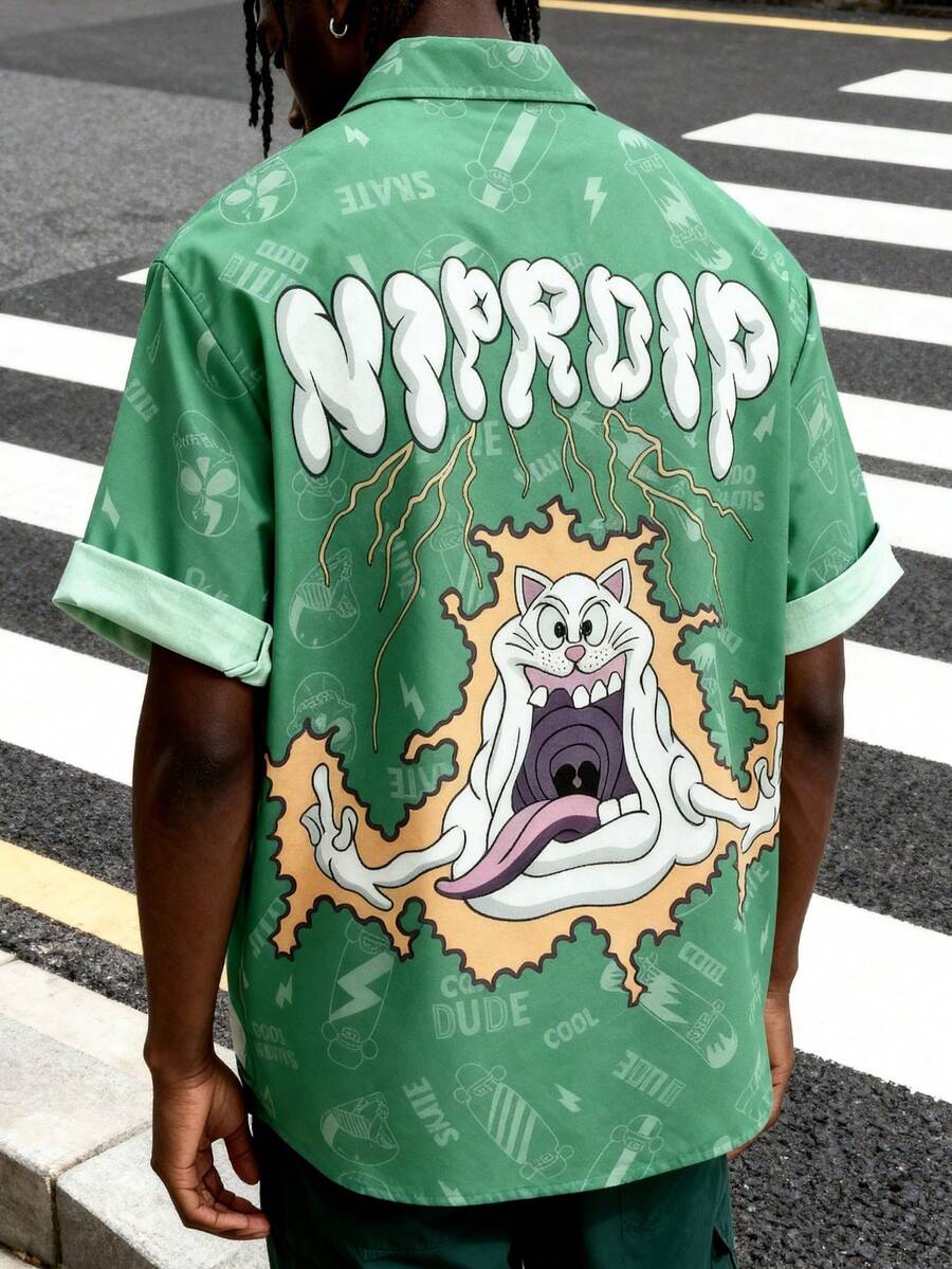 Men's Cartoon Print Lapel Collar Pocket Front Button Short Sleeve Shirt, Summer - Green - View 1