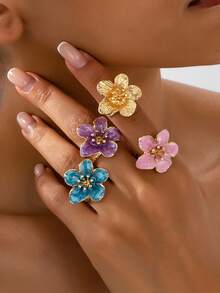 四件套夏季多巴胺小众立体花卉珐琅戒指套装，展现温柔时尚气质 - 日常通勤拍照（无礼盒） - 彩色 - 查看 1