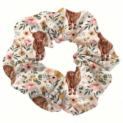 Floral Cow Print Hair Scrunchie - Cute Highland Cow & Pastoral Floral Design, Pale Pink/Peach, Elastic Non-Slip Hair Tie, Suitable For Women's Ponytail, Bun, Casual & Formal Occasions - Hair Accessory Gift, Non-Slip Grip
