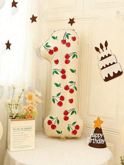 2pcs 32-Inch Cream-Colored 0-9 Number Balloons & Cherry Stickers, Suitable For Birthday Party, Anniversary, Cherry Themed Decoration
