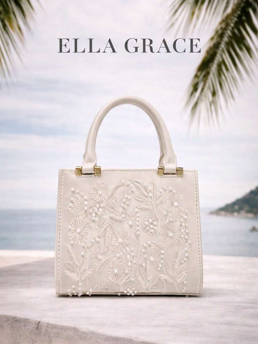 ELLA GRACE 米色迷你手提包，饰有刺绣细节和仿珍珠点缀，配有顶部提手和可拆卸链条肩带，磁扣翻盖，甜美风格，适合购物或正式场合。是送给女性的绝佳礼物。 - 米色 - 查看 1