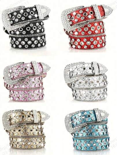 1pc Men's Solid Color Punk Rock Hip Hop Street Style Rhinestone Inlaid Belt, High-End Unisex Jeans Belt