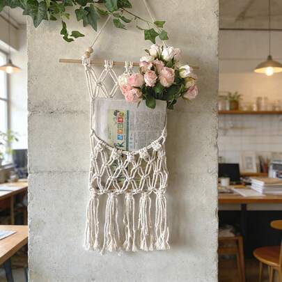 1pc Macrame Wall Hanging, Boho Style Wall Decor Tapestry, Living Room Bedroom Background Hanging Storage Bag, Handmade Tasseled Wall Blanket, Can Hold Dried Flowers & Miscellaneous Items - Flowers Not Included