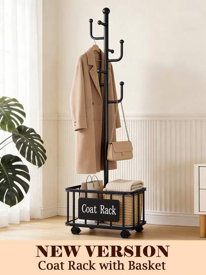 DO DOWIN Black Coat Rack With Storage Basket, Freestanding Clothes Rack, Coat Rack Stand For Scarves Handbags Clothes, Modern Coat Hanger Stand For Entryway, Moving Storage Rack For Bedroom Living Room Office Hallway Entrance Hallway Decor Room Decor