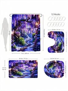 1/4pcs Mysterious Purple Wonderland Pattern Waterproof Bathroom Curtain Set, Includes Shower Curtain, Hooks, Anti-Slip Mat, U-Shaped Mat, Toilet Lid Cover, Thick Polyester Waterproof & Mildew Resistant - A - View 3