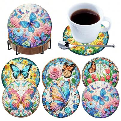 6pcs DIY Diamond Painting Coaster Set With Stand - Butterfly Theme, Round And Asymmetrical Diamond Shapes, Wooden Craft Kit, Suitable For Adults And Beginners
